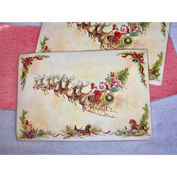 4 Vinyl Christmas Placemats Giordano Santa Sleigh Reindeer Reversible 1970s - Picture 3 of 10